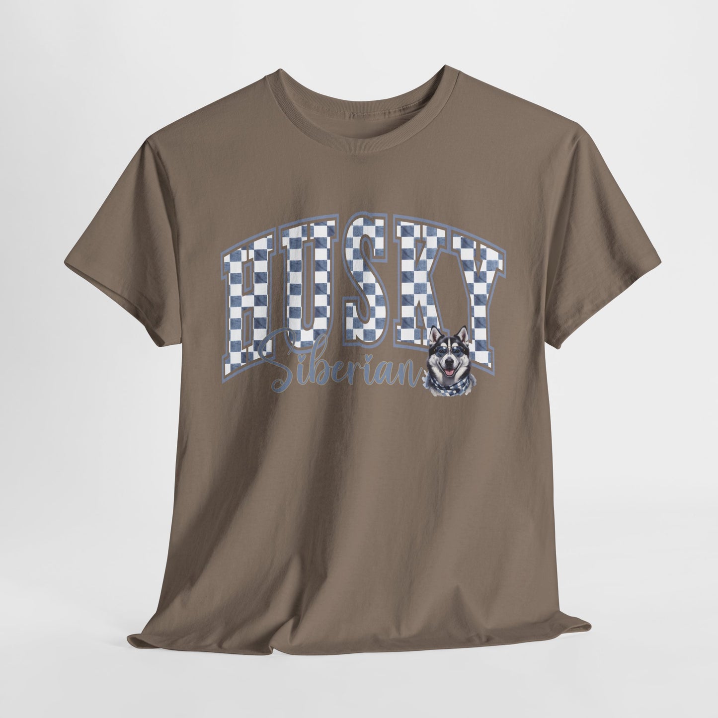 Brown t-shirt with 'Husky Siberian' design on a white background