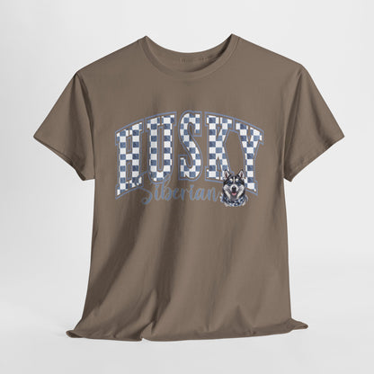 Brown t-shirt with 'Husky Siberian' design on a white background