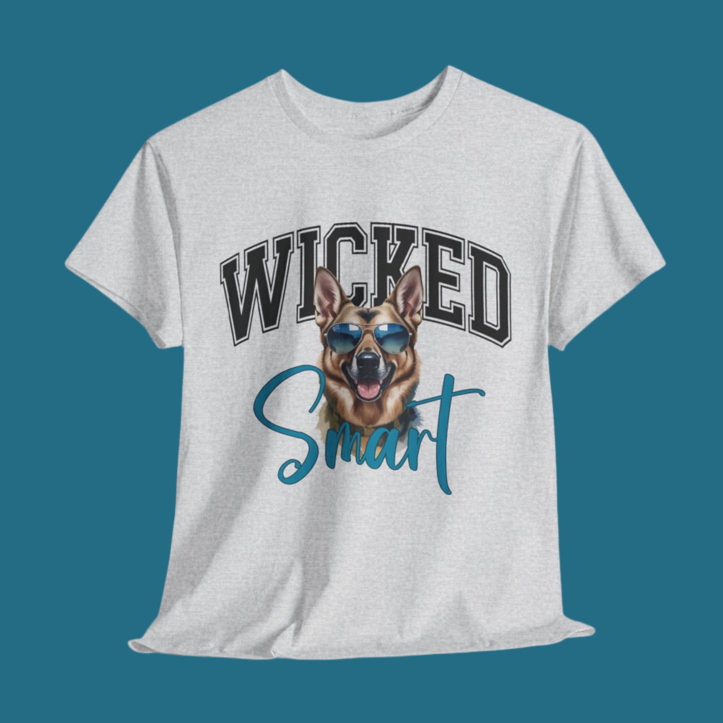 Gray t-shirt with a dog graphic and 'Wicked Smart' text on a white background