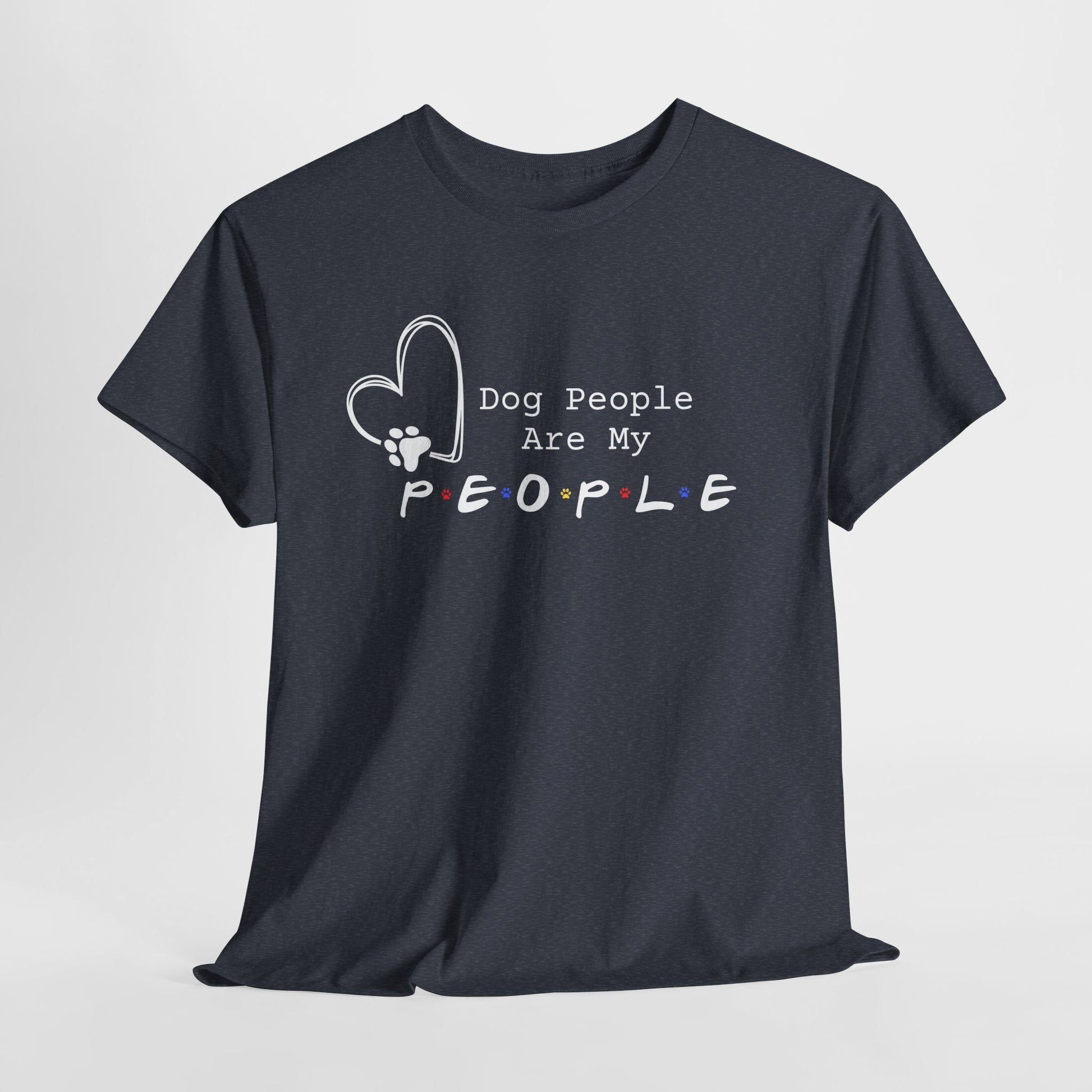 Black t-shirt with 'Dog People Are My People' text and heart design on a white background