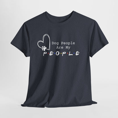 Black t-shirt with 'Dog People Are My People' text and heart design on a white background