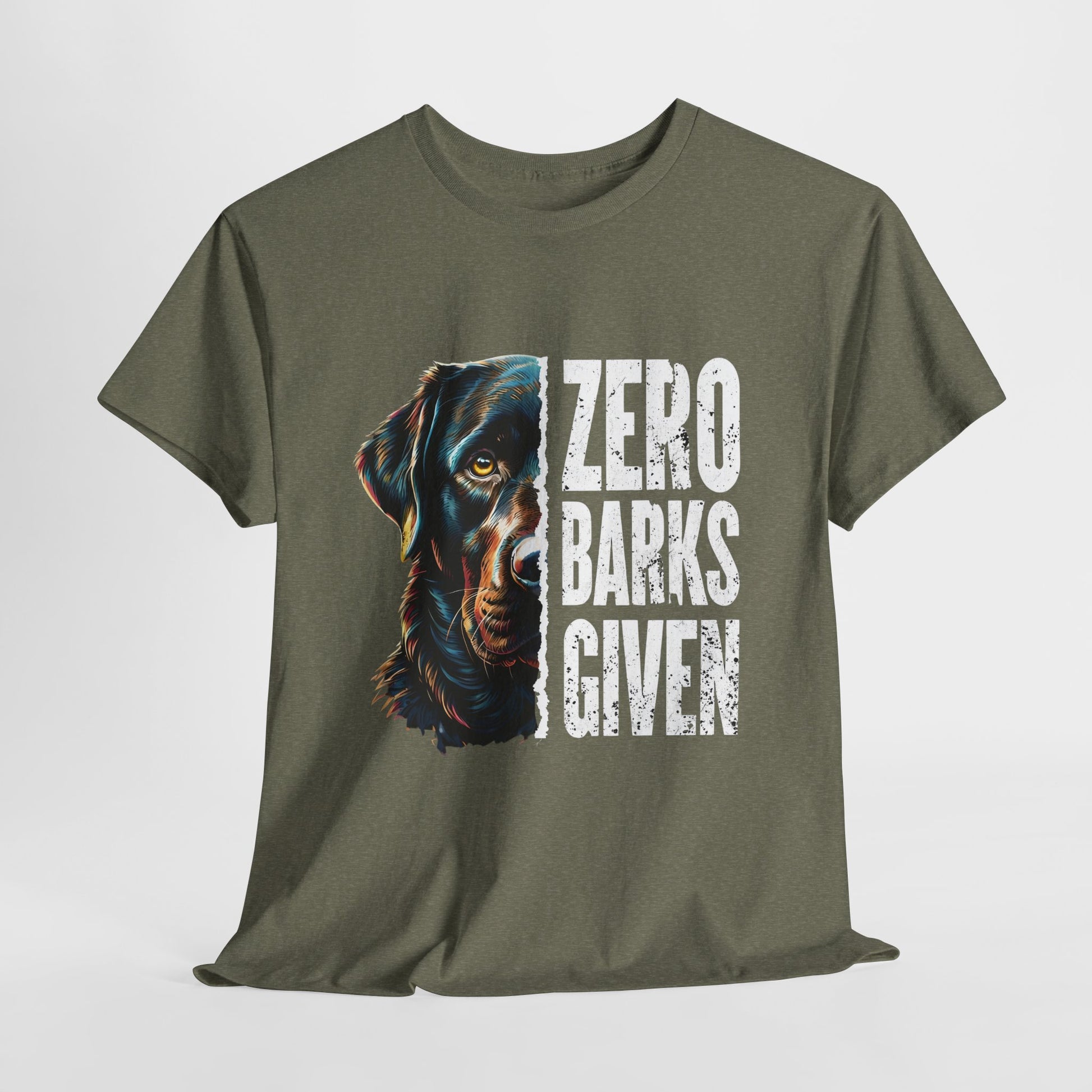 Green t-shirt with a dog graphic and 'Zero Barks Given' text on a white background