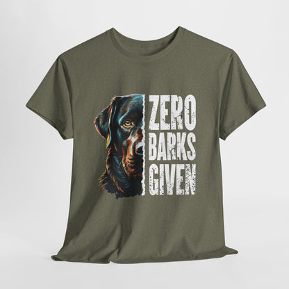 Green t-shirt with a dog graphic and 'Zero Barks Given' text on a white background