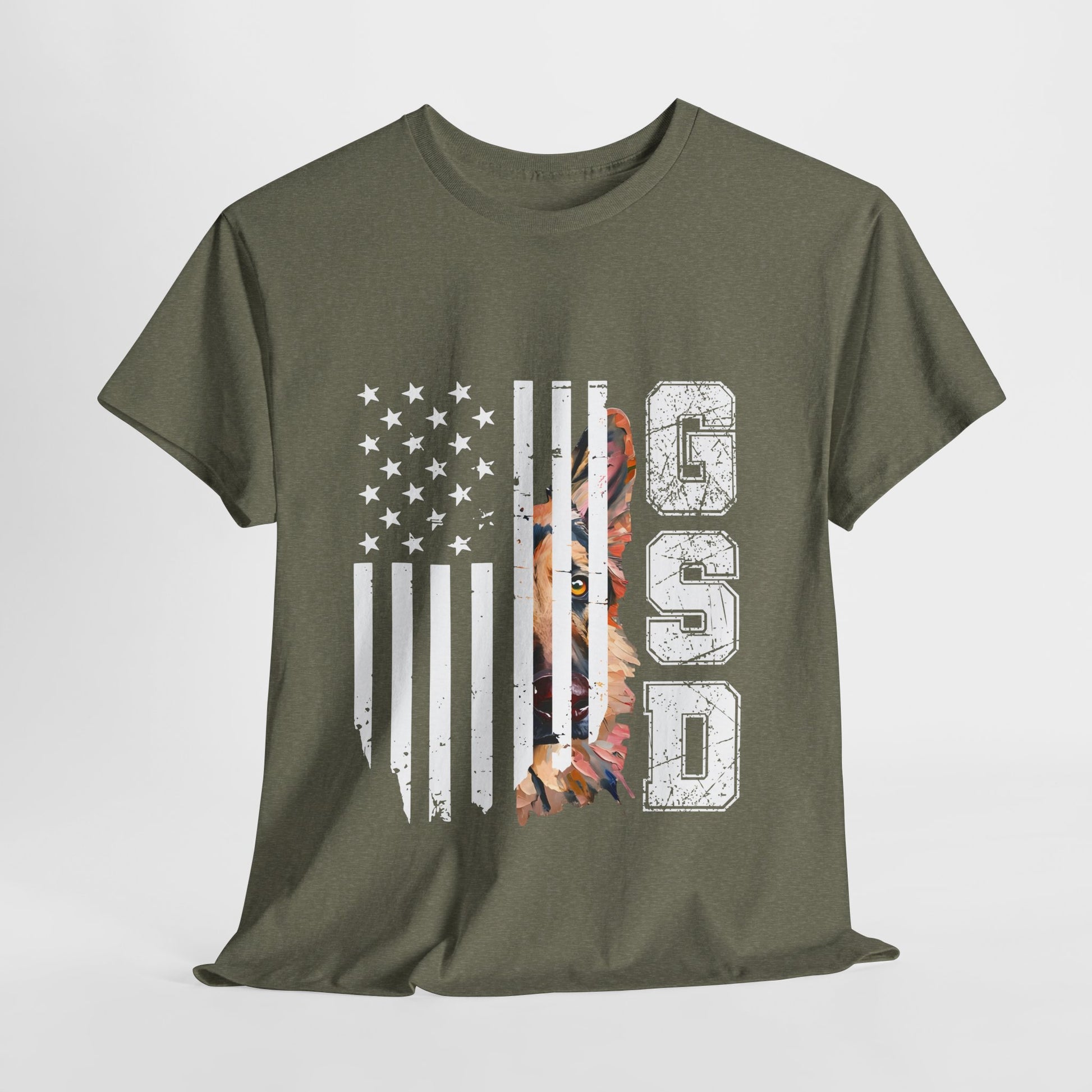 Green t-shirt with American flag design and 'USA' text on a white background