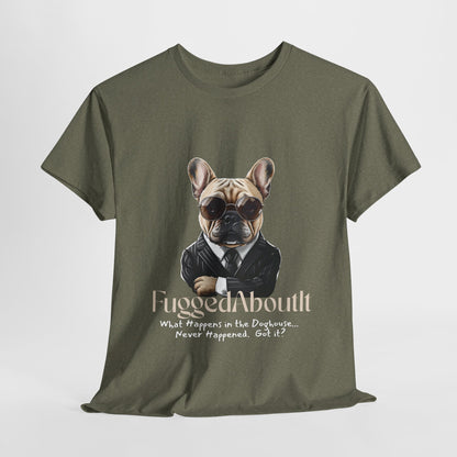 Green t-shirt with a dog graphic and text on a white background