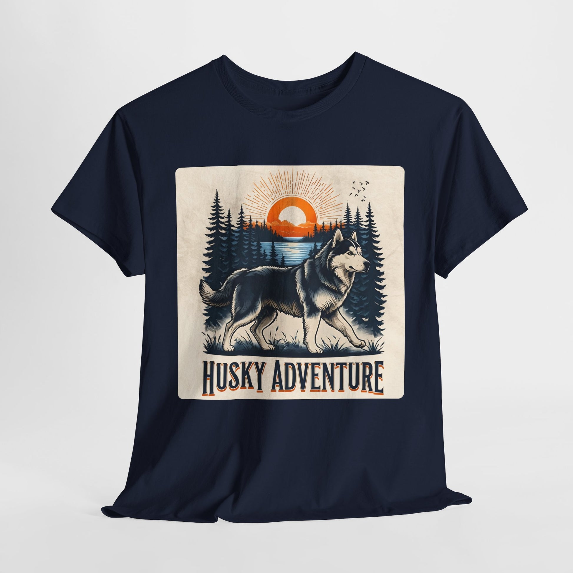 Navy blue t-shirt with husky and nature graphic on a white background