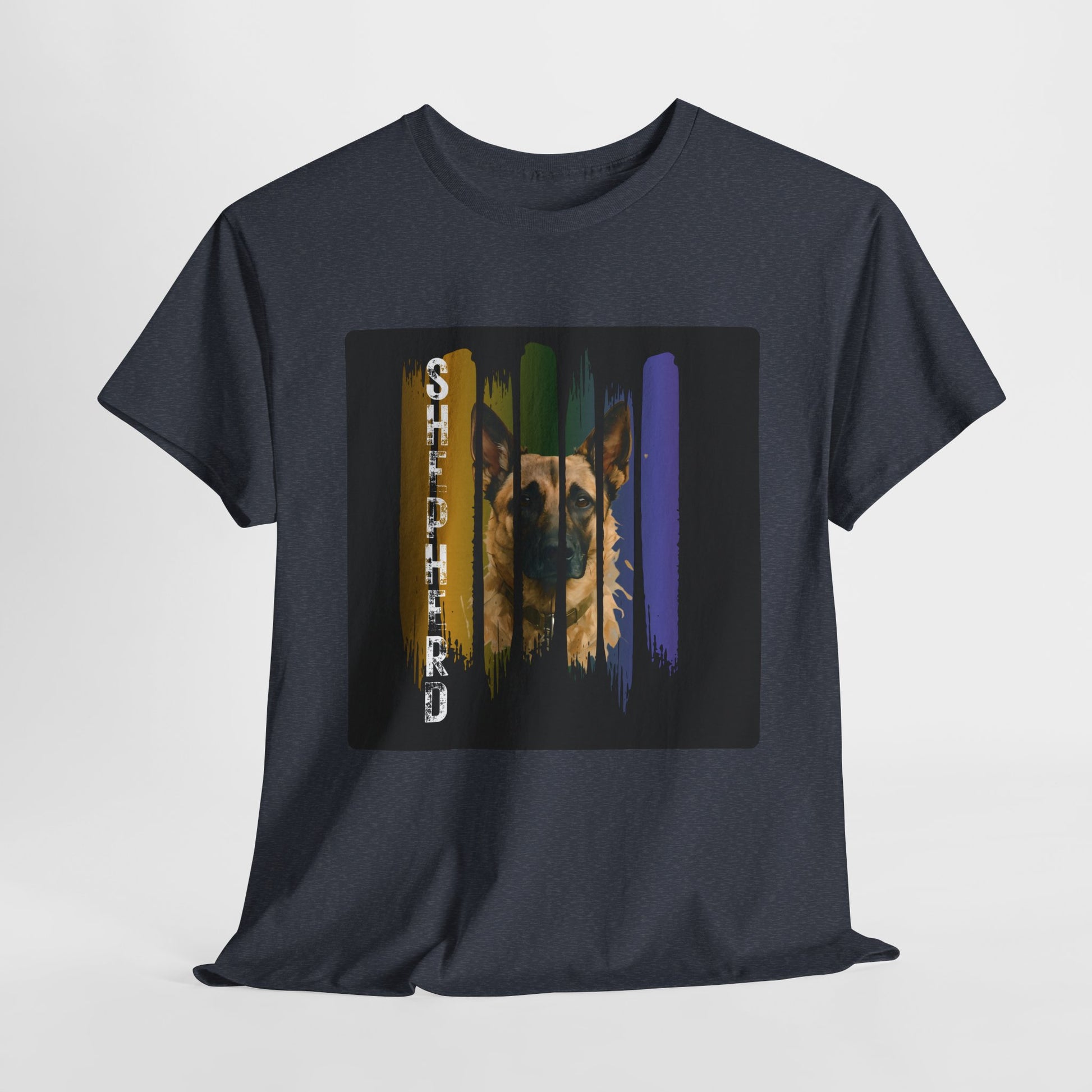 Black t-shirt with a graphic of a dog's face on a white background