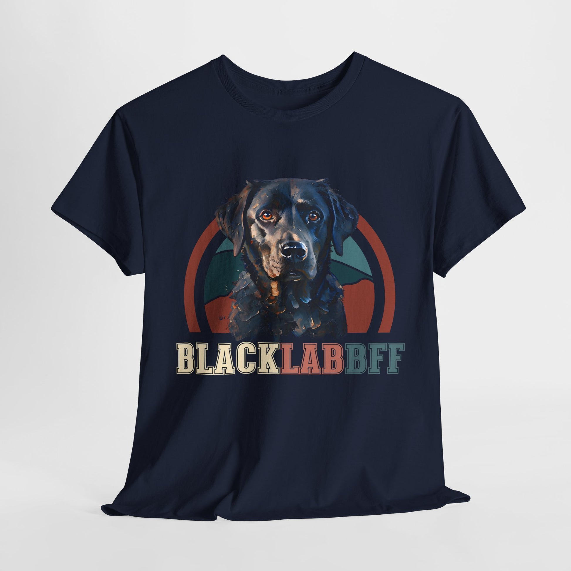 Navy blue t-shirt with a black lab graphic and 'BLACK LAB BFF' text on a light gray background