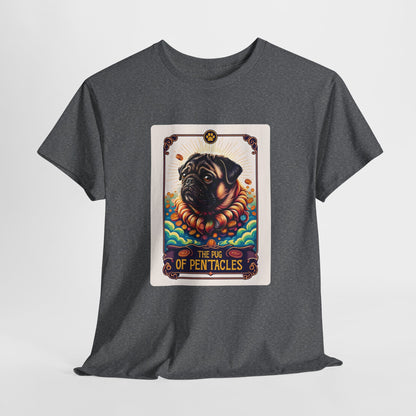 Gray t-shirt with a graphic of a pug on a tarot card design.