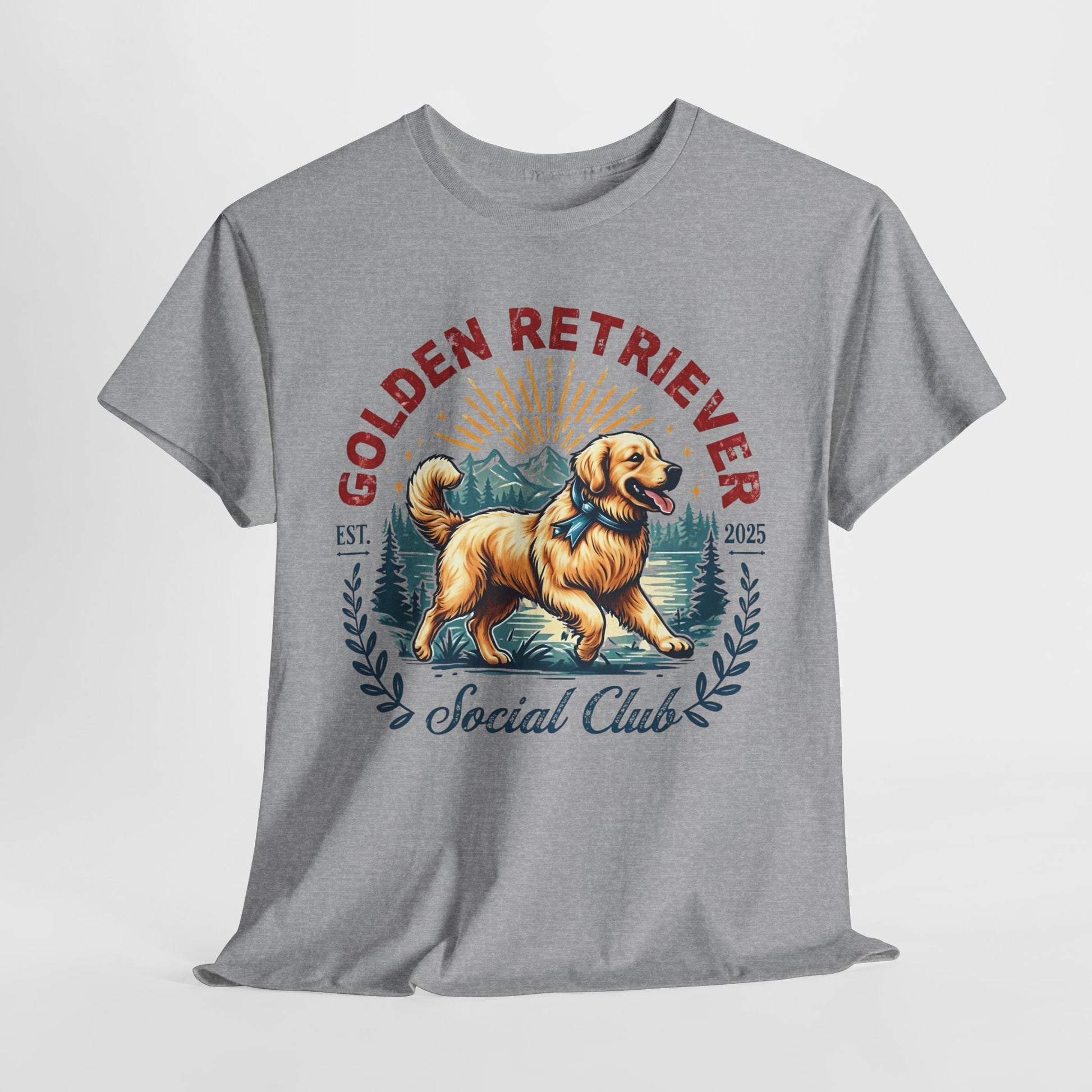 Gray t-shirt with a Golden Retriever graphic and text on a white background