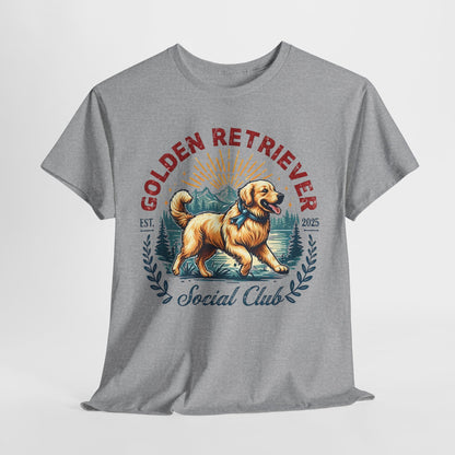 Gray t-shirt with a Golden Retriever graphic and text on a white background