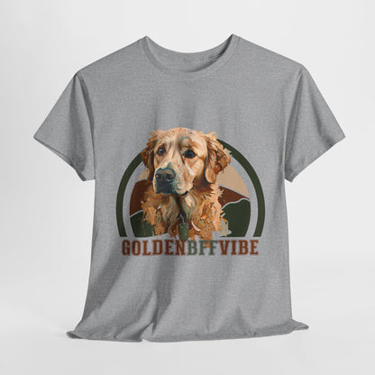 Gray t-shirt with a dog graphic and 'Golden BFF Vibe' text on a white background