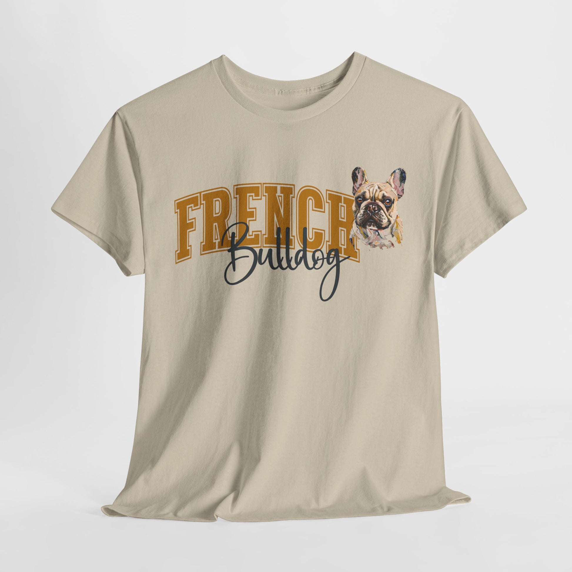Beige t-shirt with 'French Bulldog' text and dog graphic on a white background