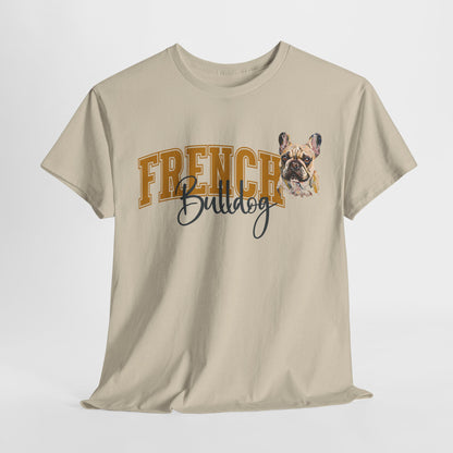 Beige t-shirt with 'French Bulldog' text and dog graphic on a white background