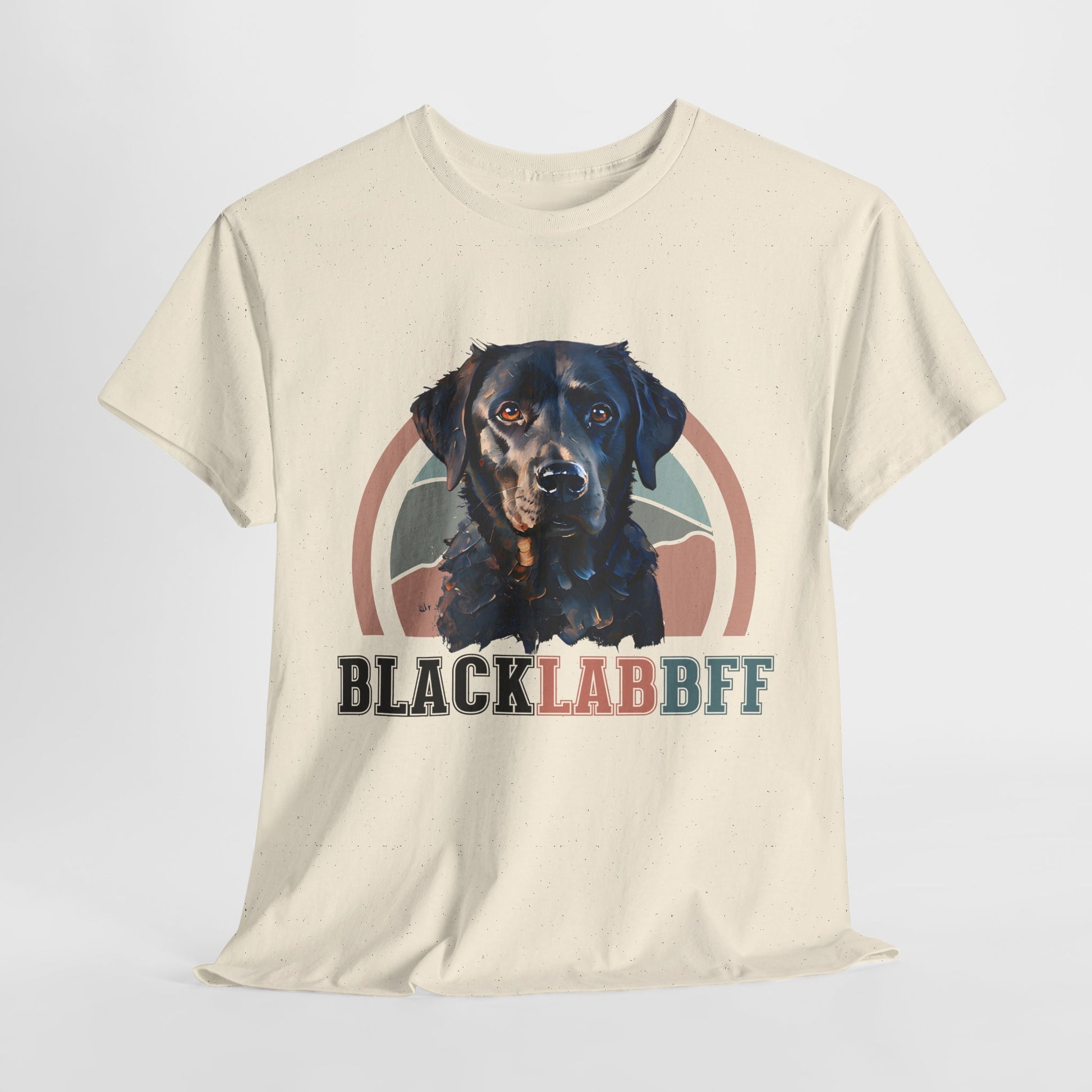 Beige t-shirt with a black labrador graphic and 'BLACK LAB BFF' text on a white background