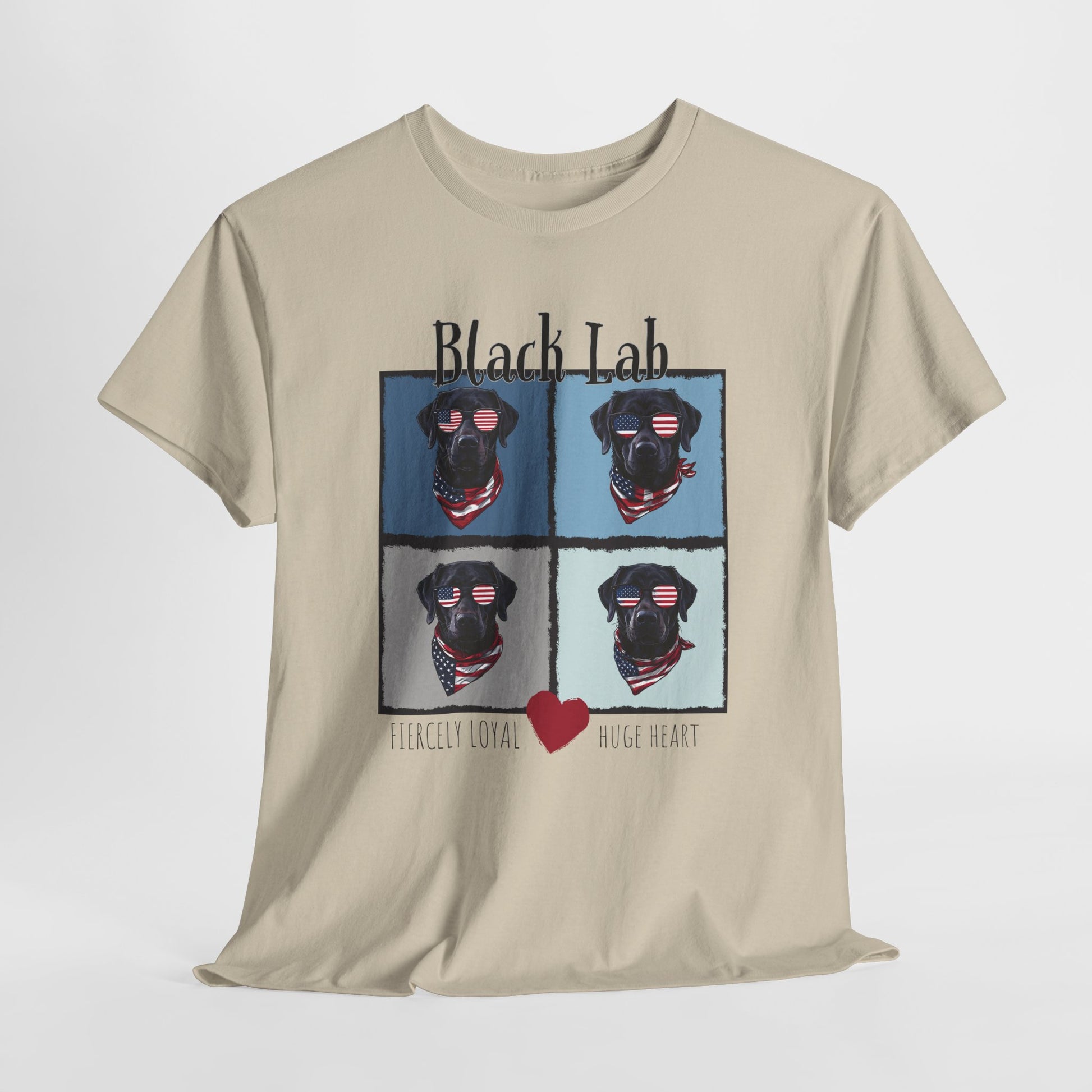 Beige t-shirt with black labrador graphic and text on a white background