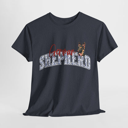 Black t-shirt with a dog graphic and 'Shepherd' text on a light gray background