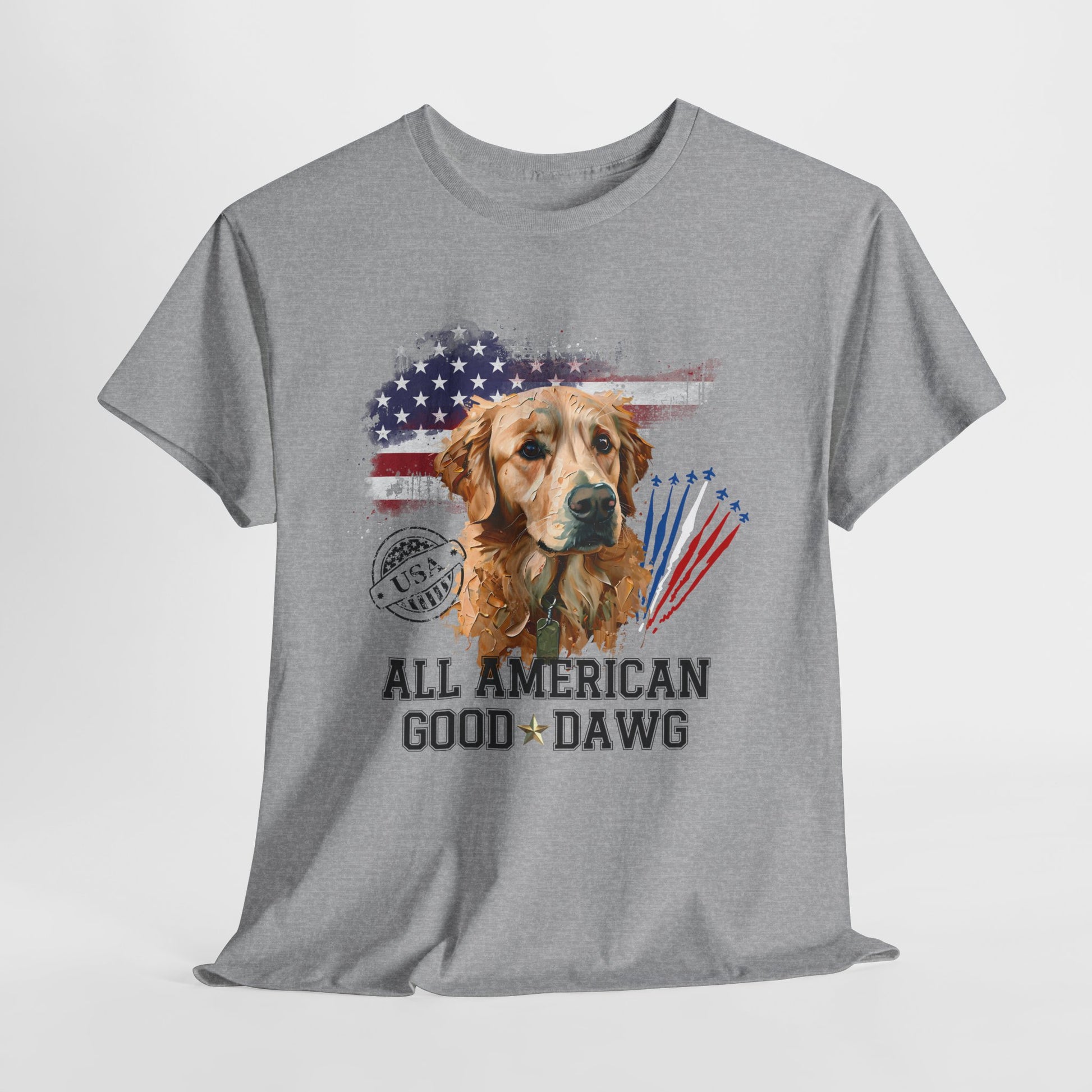 Gray t-shirt with a dog graphic and 'All American Good Dawg' text on a white background