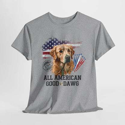 Gray t-shirt with a dog graphic and 'All American Good Dawg' text on a white background