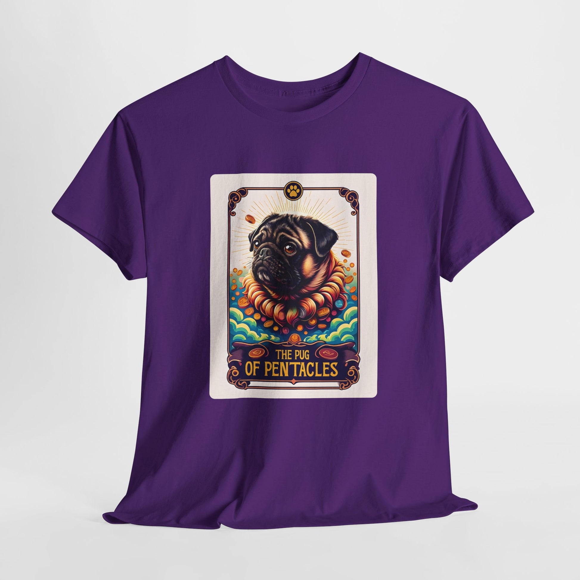 Purple t-shirt with a graphic of a pug on a tarot card design.