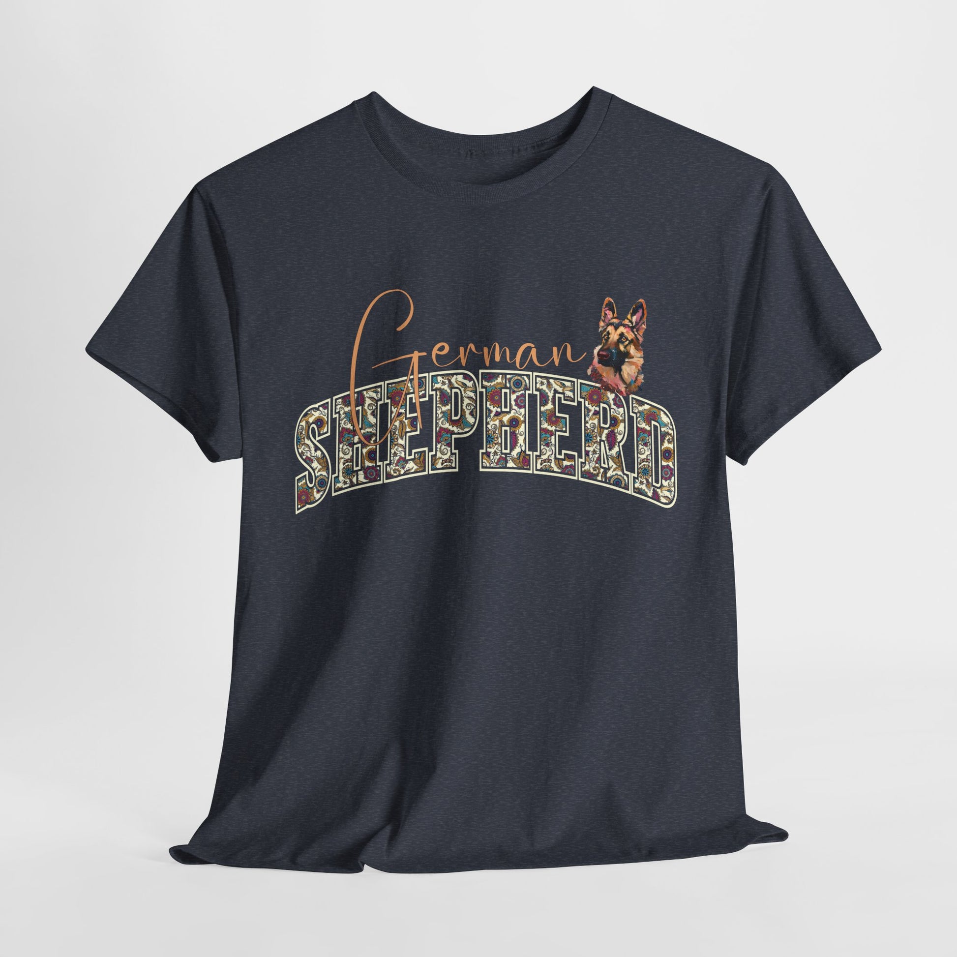 Black t-shirt with 'German Shepherd' text and dog graphic on a white background