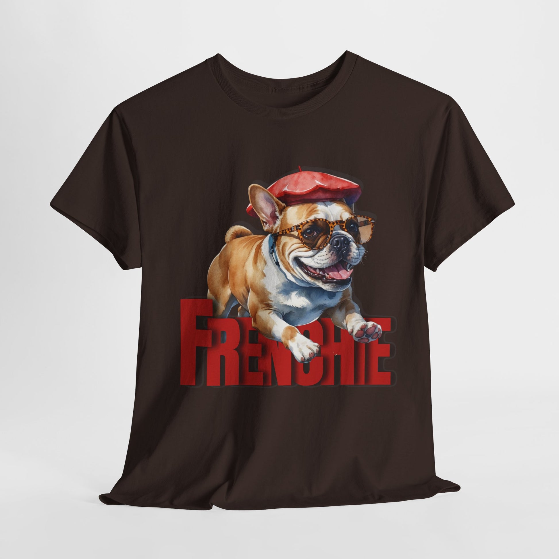 Black t-shirt with a bulldog graphic and 'Freddie' text on a white background