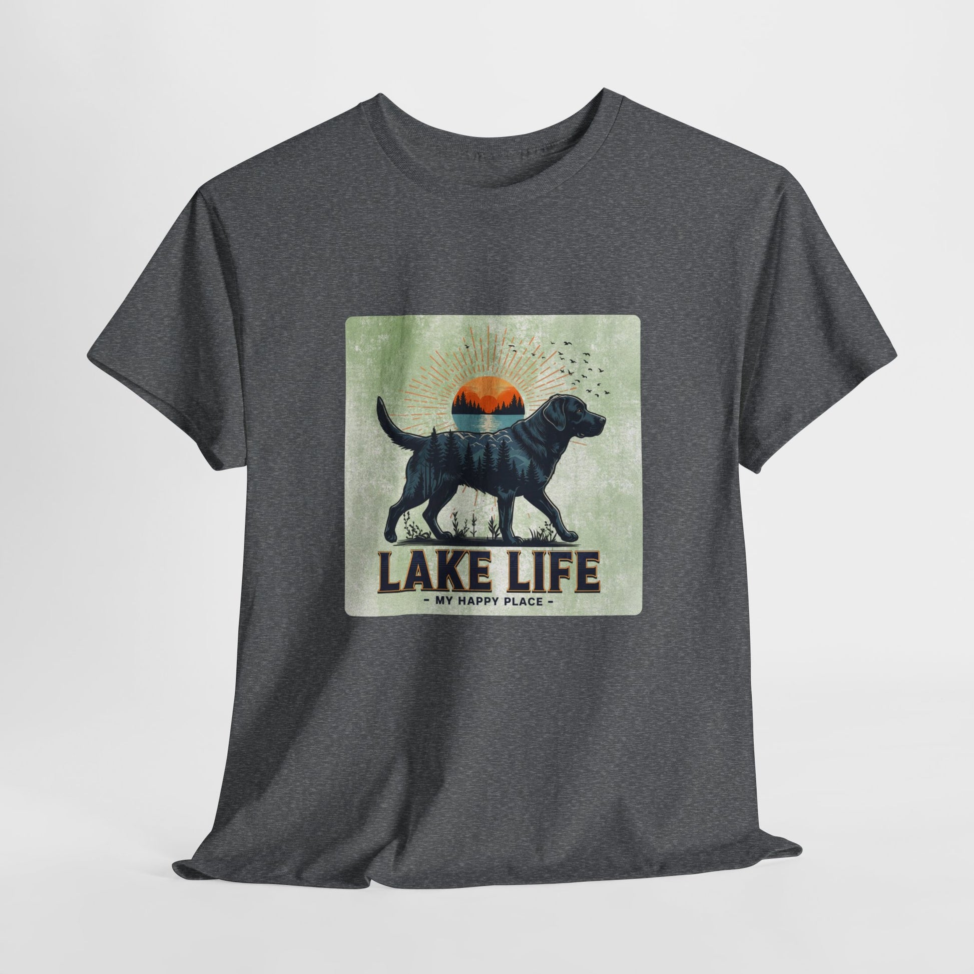 Gray t-shirt with a graphic of a dog and 'Lake Life My Happy Place' text on a light gray background