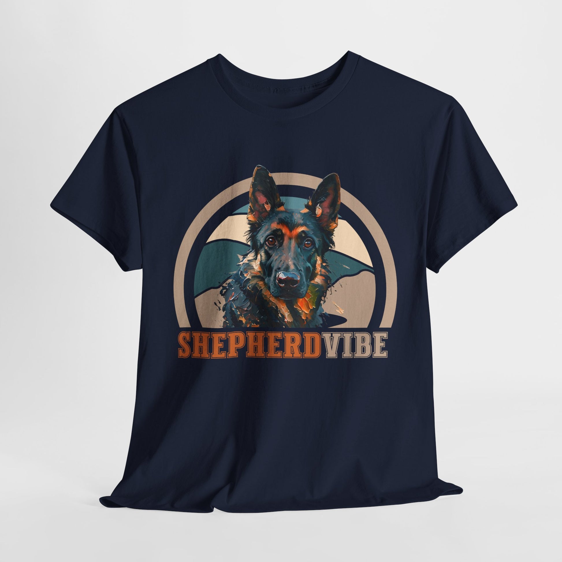 Navy blue t-shirt with a dog graphic and 'Shepherd Vibe' text on a light gray background