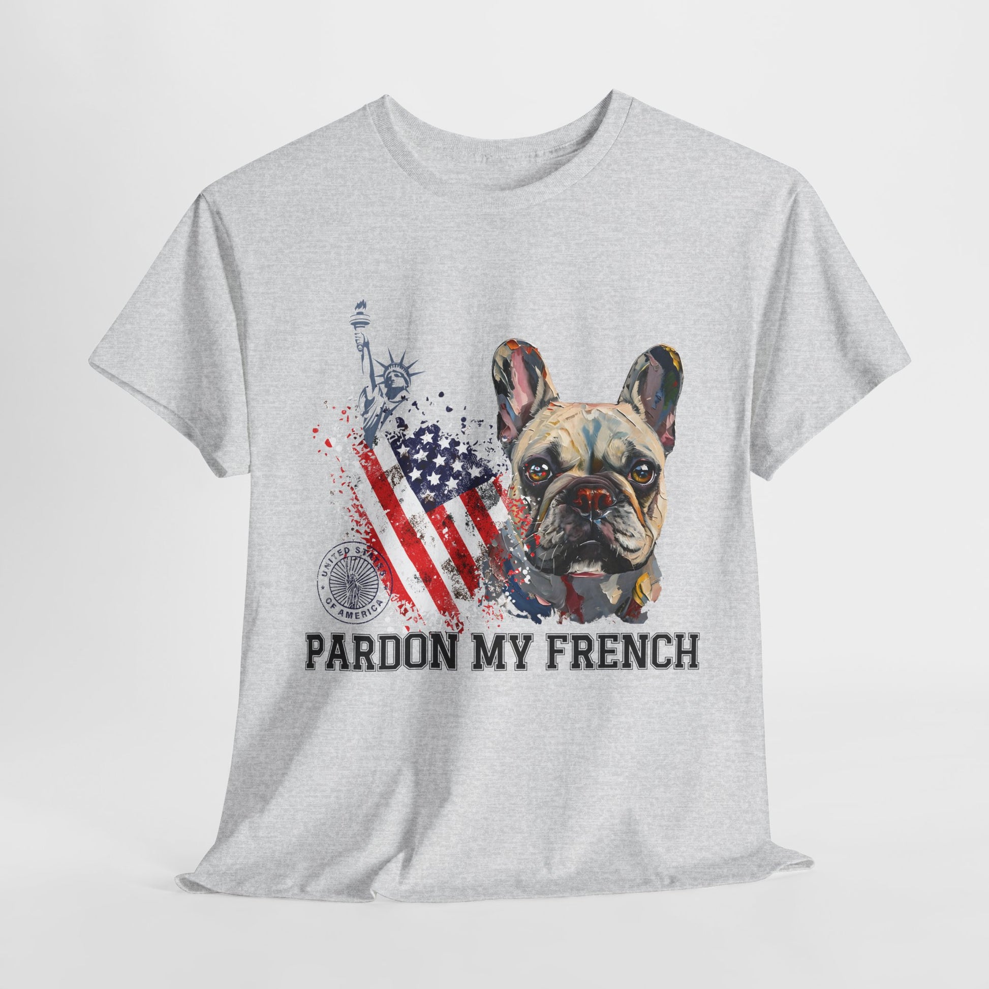 Gray t-shirt with a dog graphic and 'Pardon My French' text on a white background
