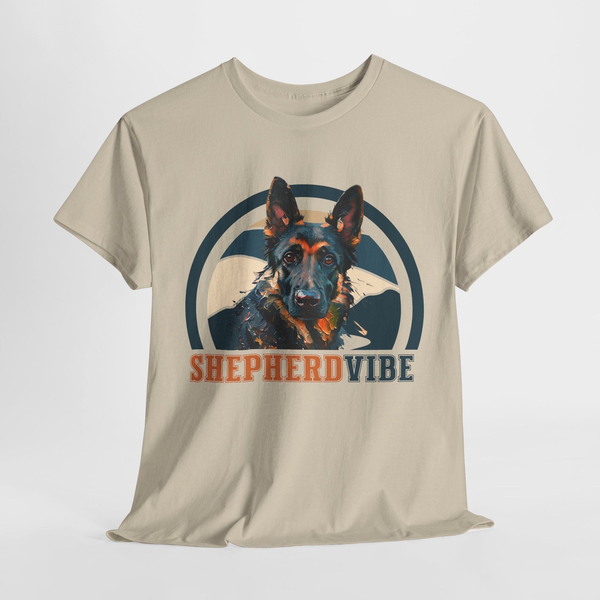 Beige t-shirt with a dog graphic and 'Shepherd Vibe' text on a white background