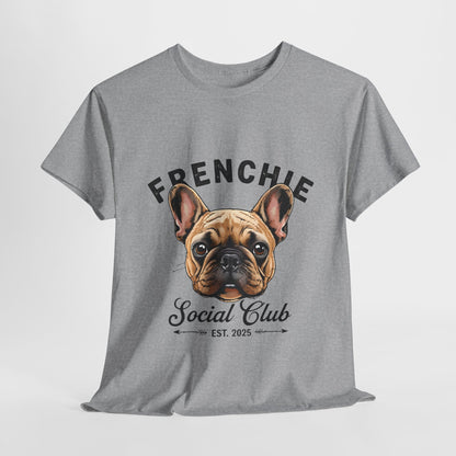 Gray t-shirt with a French Bulldog graphic and 'Frenchie Social Club' text on a white background