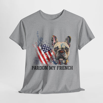 Gray t-shirt with a dog graphic and 'Pardon My French' text on a white background