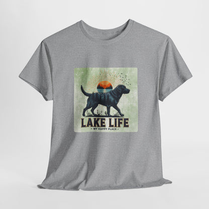 Gray t-shirt with a graphic of a dog and 'Lake Life My Happy Place' text on a light gray background