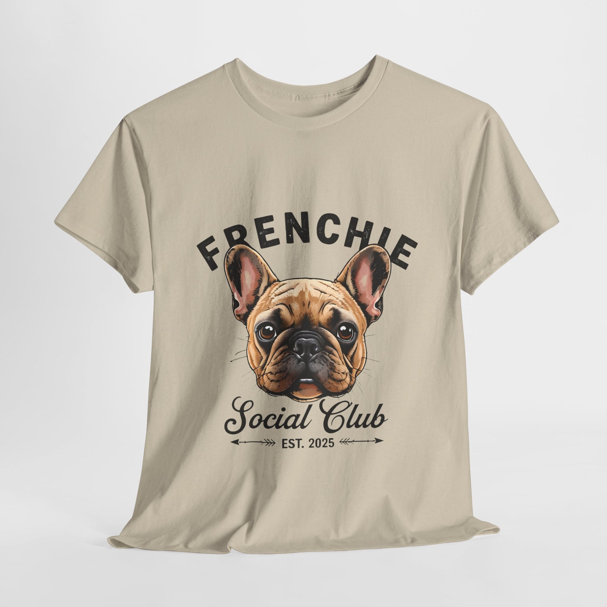 Beige t-shirt with a graphic of a French Bulldog and text 'FRENCHIE Social Club EST. 2025' on a white background