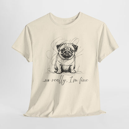 Beige t-shirt with a pug graphic and text on a white background