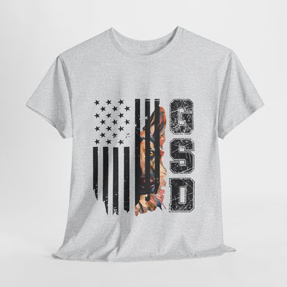 Gray t-shirt with American flag and paw print design on a white background