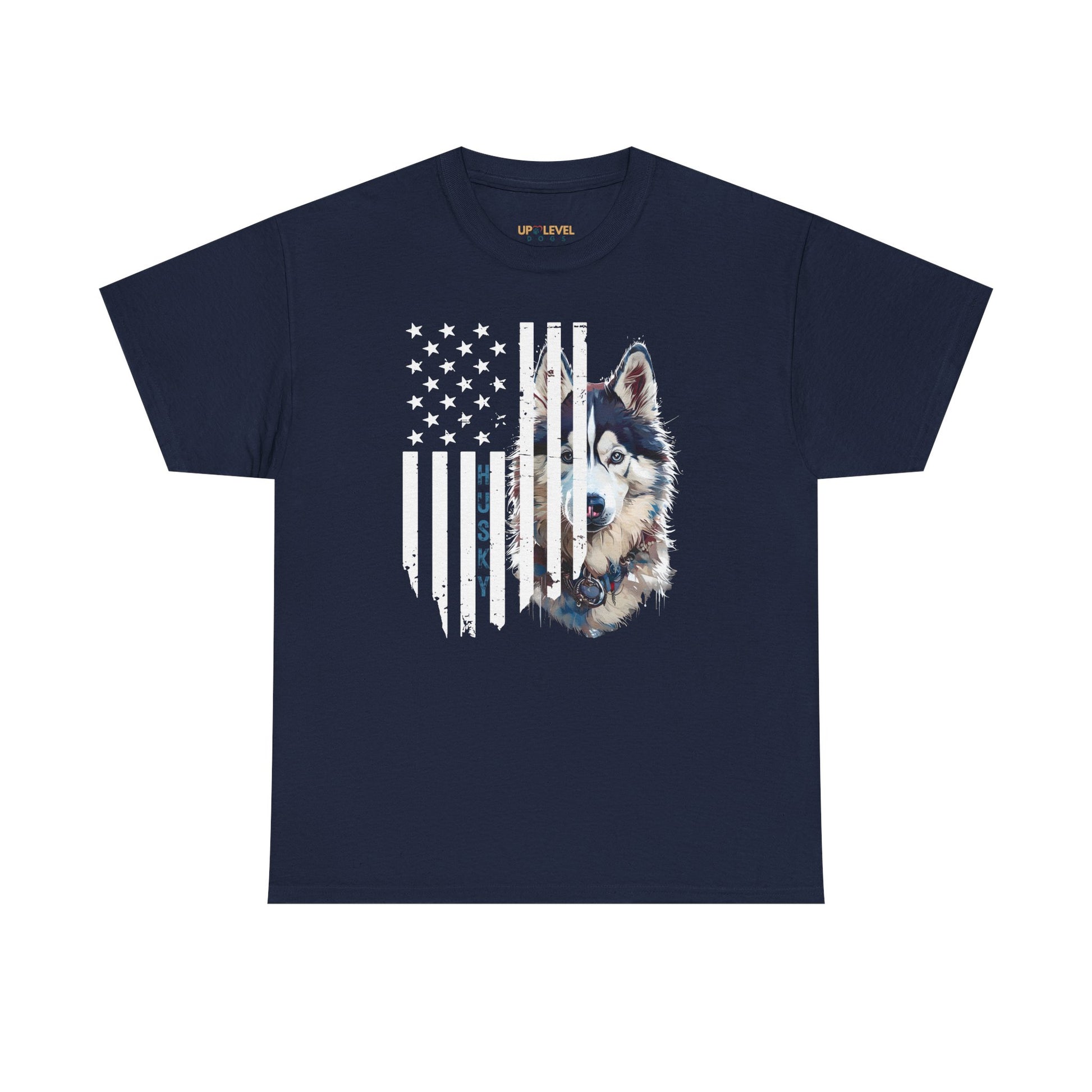 Navy blue t-shirt with a wolf design and American flag on a white background