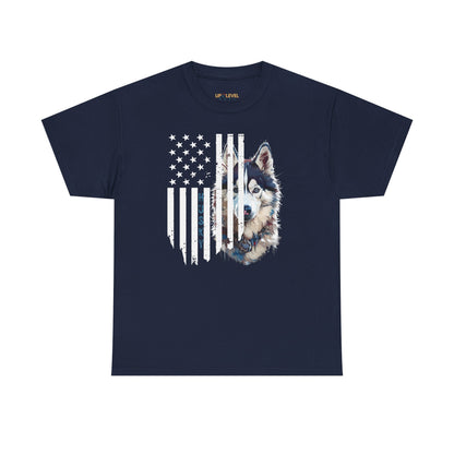Navy blue t-shirt with a wolf design and American flag on a white background