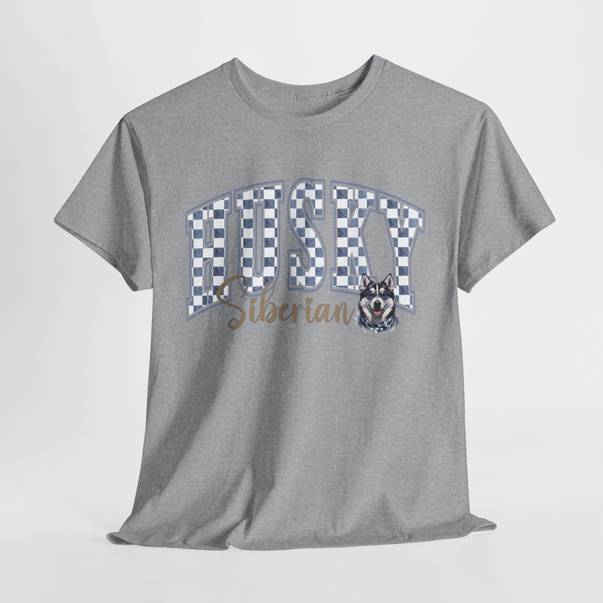 Gray t-shirt with 'Siberian Husky' text and dog illustration on a light gray background
