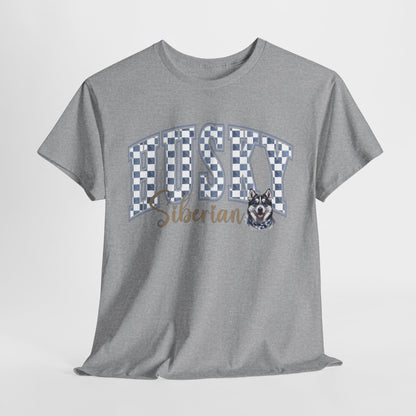 Gray t-shirt with 'Siberian Husky' text and dog illustration on a light gray background