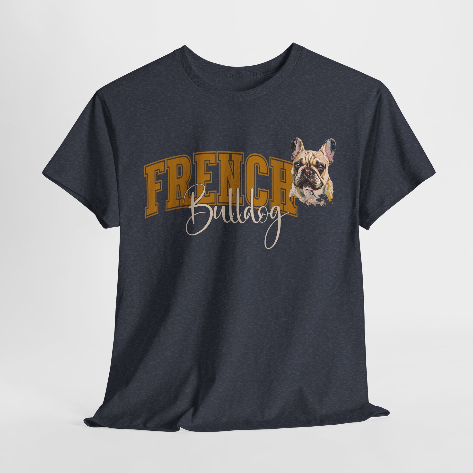 Black t-shirt with 'French Bulldog' text and dog graphic on a light gray background