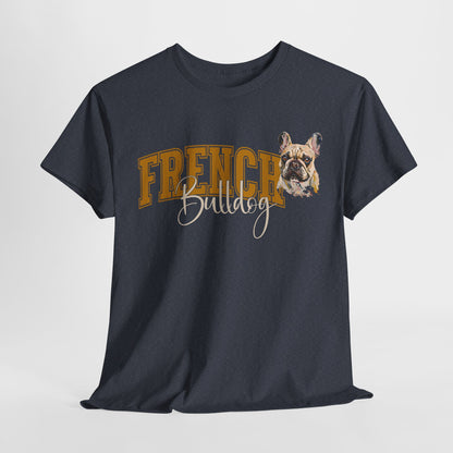 Black t-shirt with 'French Bulldog' text and dog graphic on a light gray background