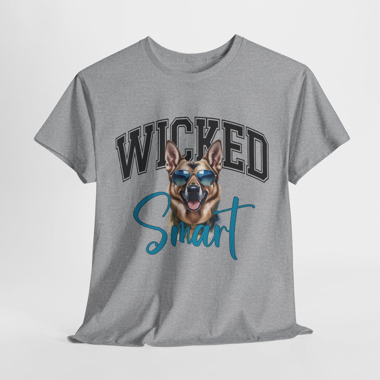 Gray t-shirt with a dog graphic and 'Wicked Smart' text on a white background