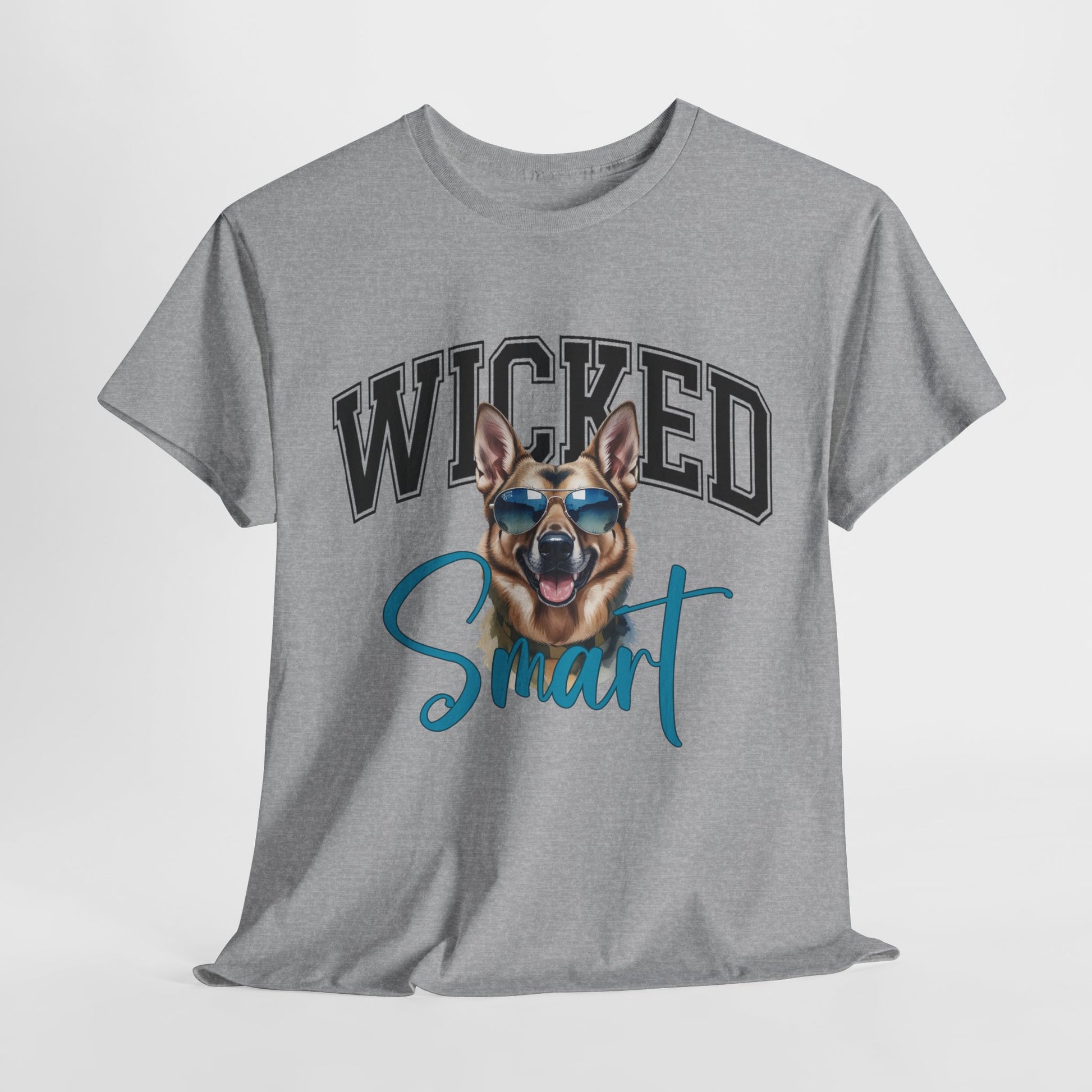 Gray t-shirt with a dog graphic and 'Wicked Smart' text on a white background