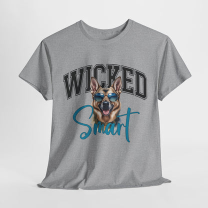 Gray t-shirt with a dog graphic and 'Wicked Smart' text on a white background