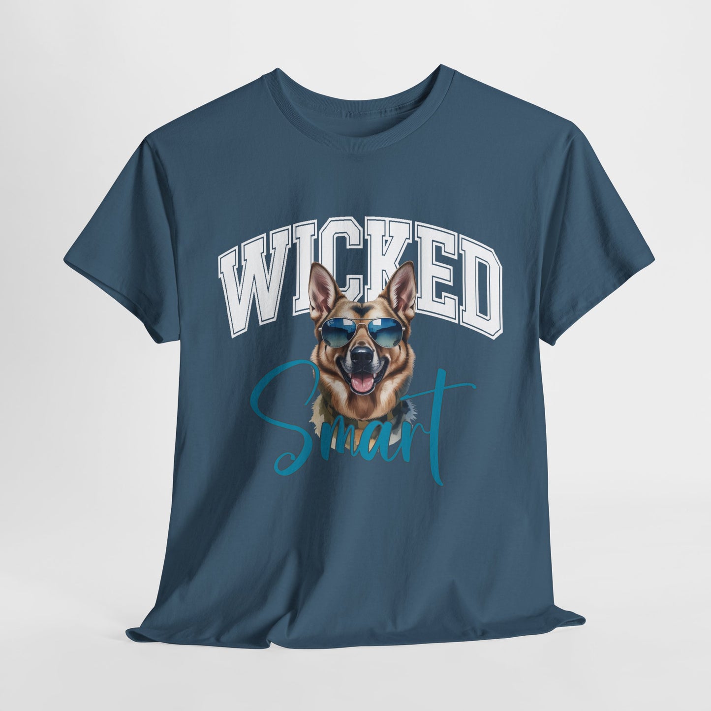 Navy blue t-shirt with a dog graphic and text 'Wicked Smart' on a light gray background