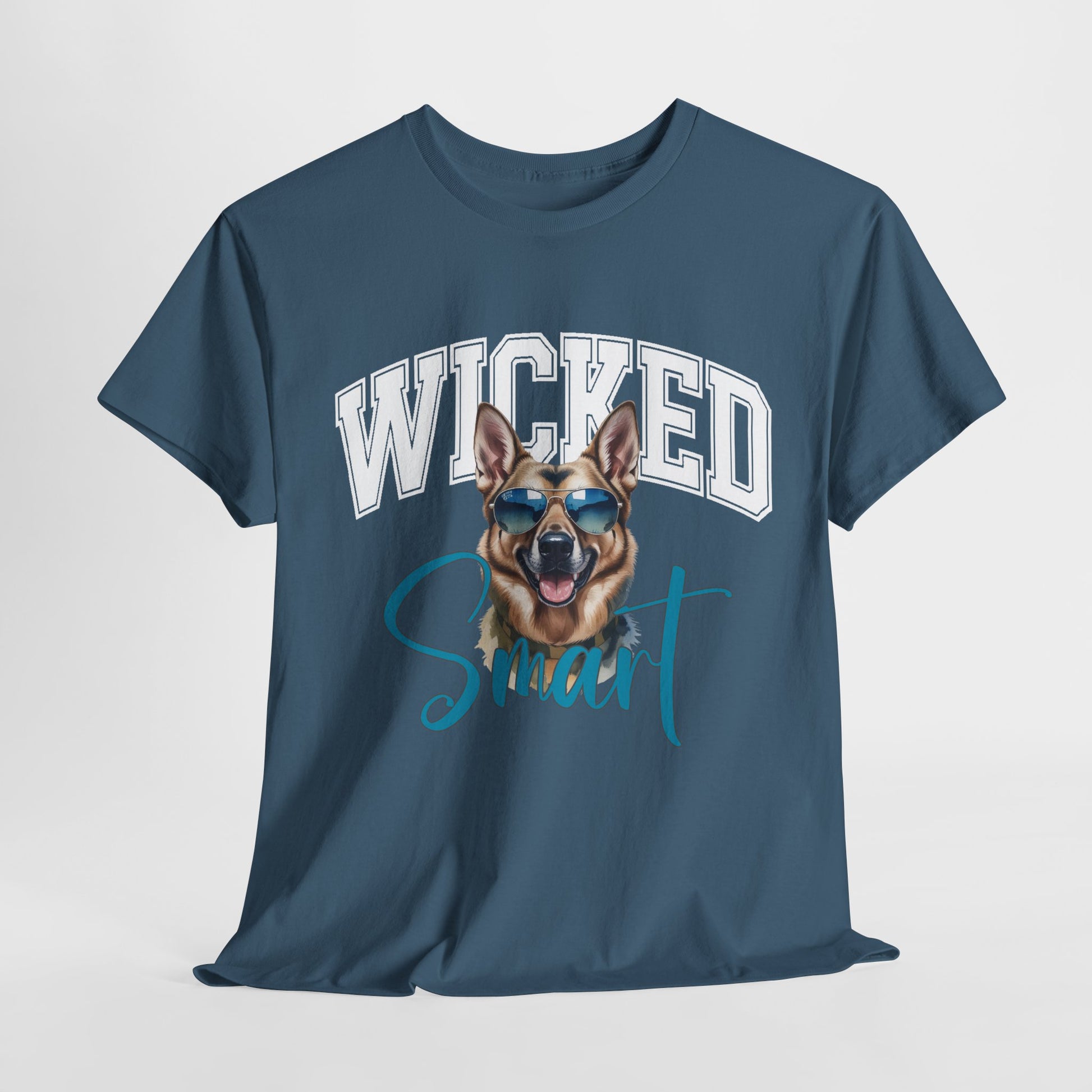 Navy blue t-shirt with a dog graphic and text 'Wicked Smart' on a light gray background