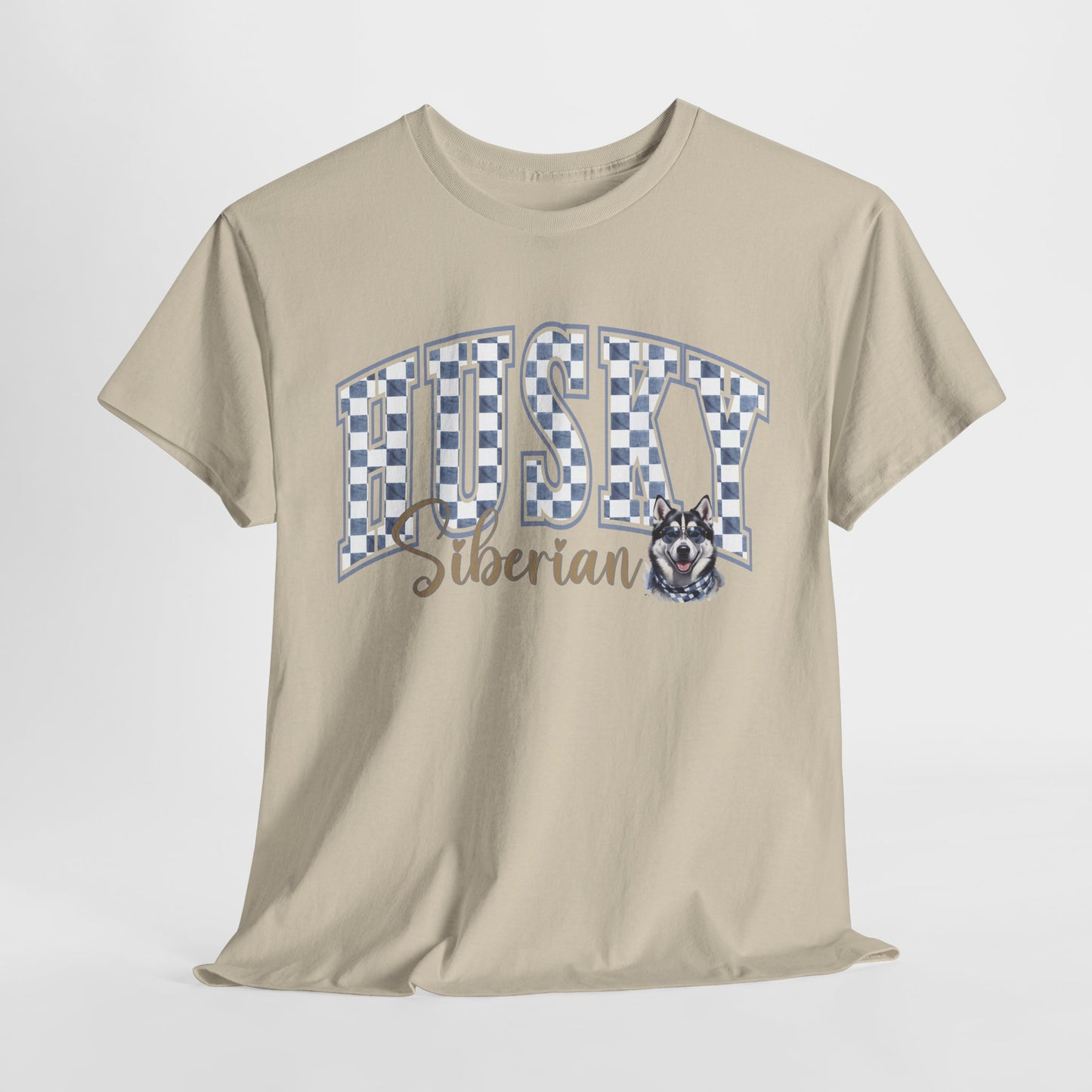 Beige t-shirt with 'Husky Siberian' text and dog graphic on a white background
