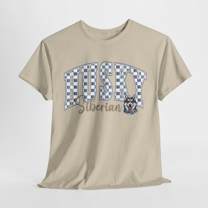 Beige t-shirt with 'Husky Siberian' text and dog graphic on a white background