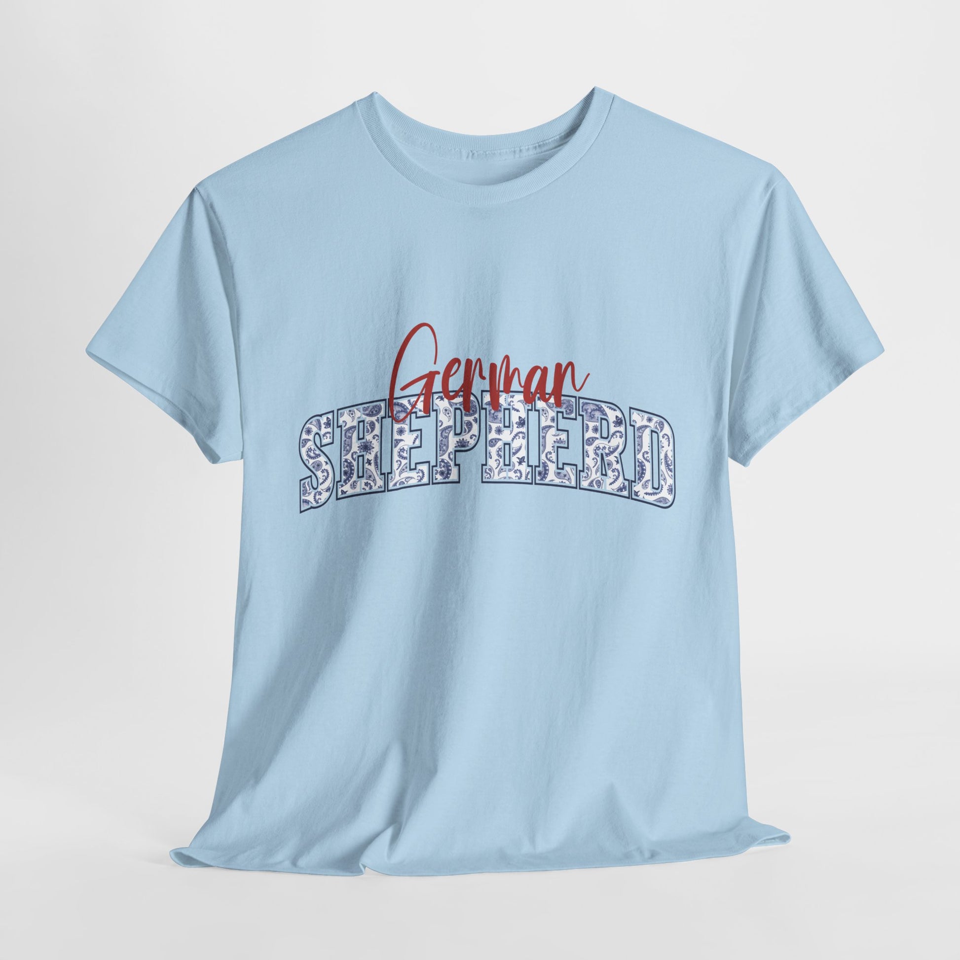 German Shepherd Tshirt with varsity and script lettering in light blue